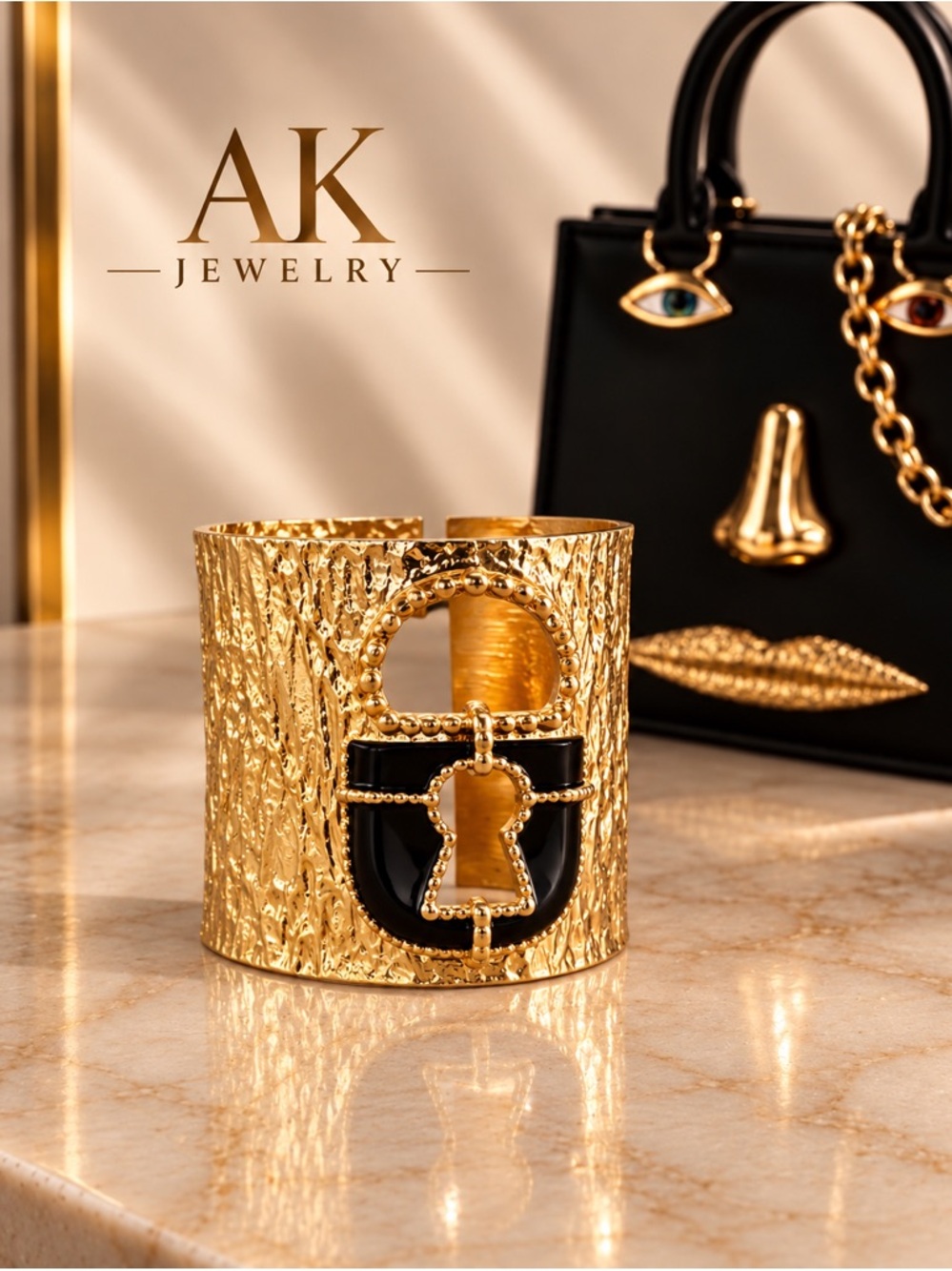 💎LUXURY Sculptural Gold & Black Keyhole Statement Cuff | by AK Jewelry™